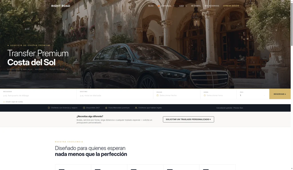Inicio de Right Road: Mercedes en la Costa del Sol, la reserva del traslado y el comienzo de la sección de excelencia.